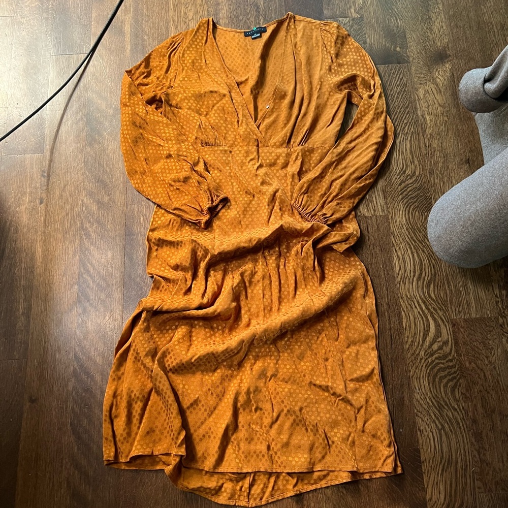 Sanctuary Orange Ruched Wrap Dress with Bishop Sleeves